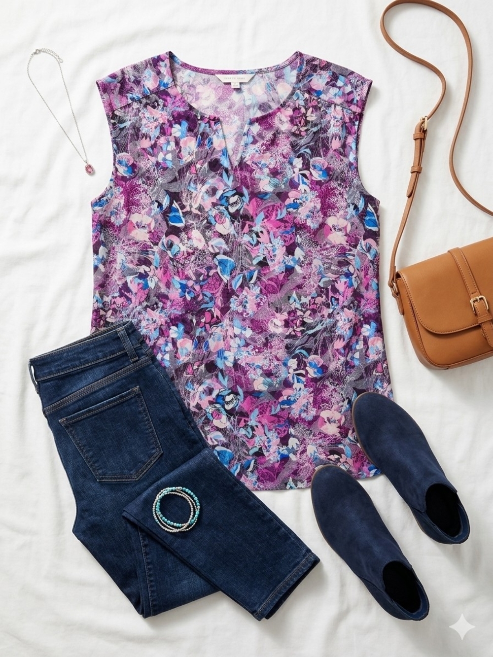 2/$15 Northern Reflections Purple and Blue Floral Sleeveless V-Neck Camisole